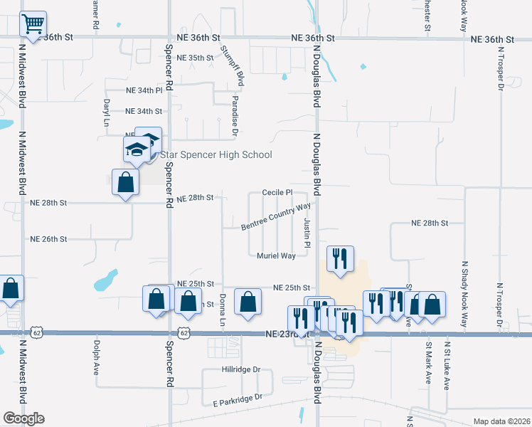 map of restaurants, bars, coffee shops, grocery stores, and more near 8817 Bentree Country Way in Spencer