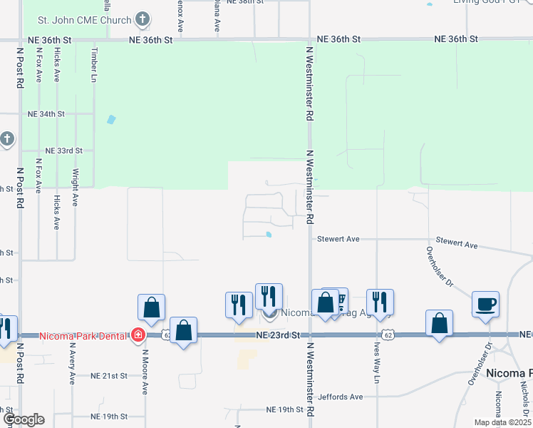 map of restaurants, bars, coffee shops, grocery stores, and more near 2901 North Westminster Road in Spencer