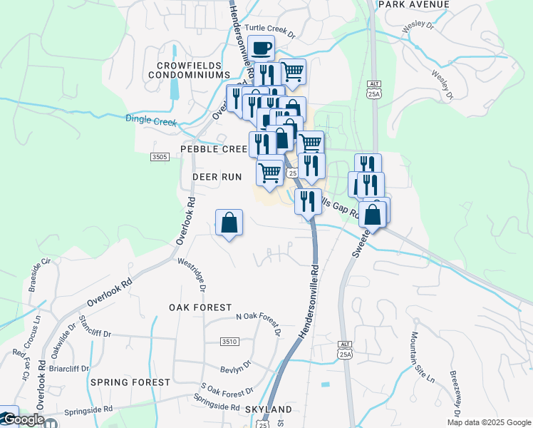 map of restaurants, bars, coffee shops, grocery stores, and more near 4 Walden Ridge Drive in Asheville
