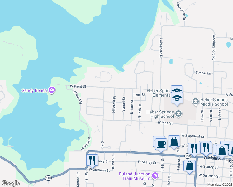 map of restaurants, bars, coffee shops, grocery stores, and more near 423 Hillcrest Drive in Heber Springs