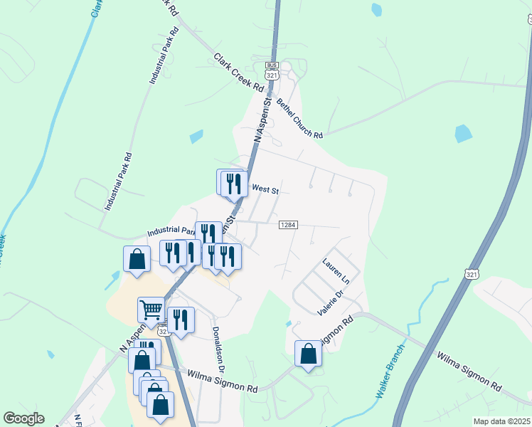 map of restaurants, bars, coffee shops, grocery stores, and more near 105 Carpenter Street in Lincolnton