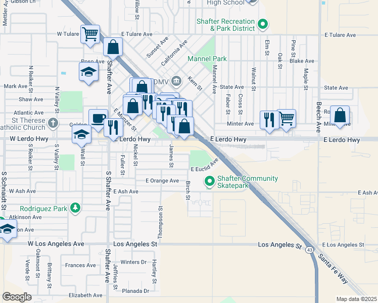 map of restaurants, bars, coffee shops, grocery stores, and more near 380 East Marengo Avenue in Shafter