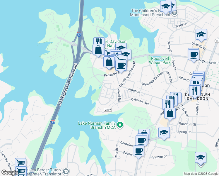 map of restaurants, bars, coffee shops, grocery stores, and more near 603 Old Meeting Way in Davidson