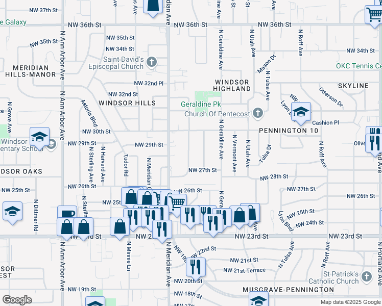 map of restaurants, bars, coffee shops, grocery stores, and more near 2900 North Warren Avenue in Oklahoma City