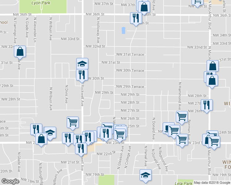 map of restaurants, bars, coffee shops, grocery stores, and more near 6721 Northwest 29th Street in Bethany
