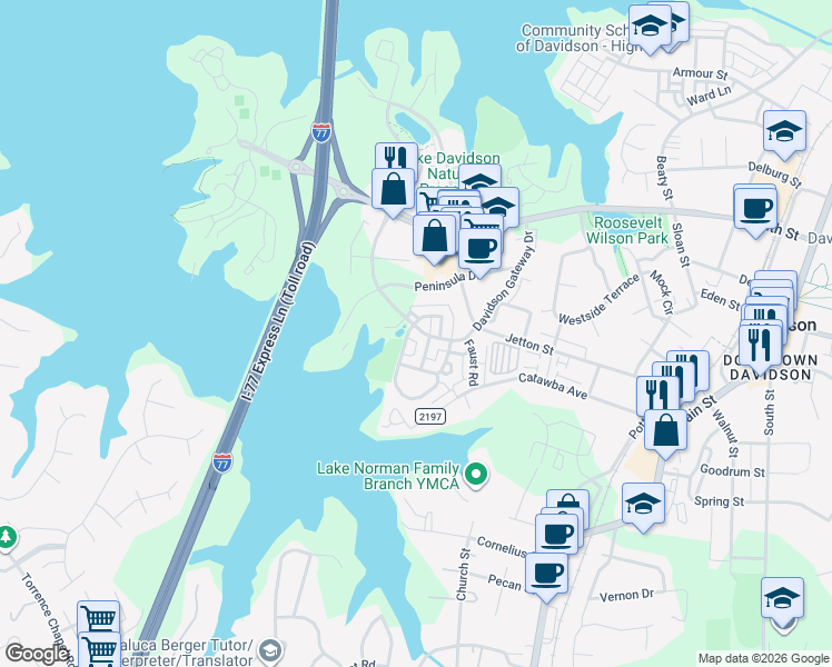 map of restaurants, bars, coffee shops, grocery stores, and more near in Davidson