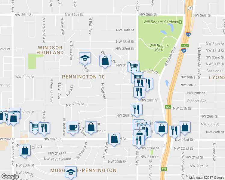 map of restaurants, bars, coffee shops, grocery stores, and more near 3829 Northwest 29th Street in Oklahoma City