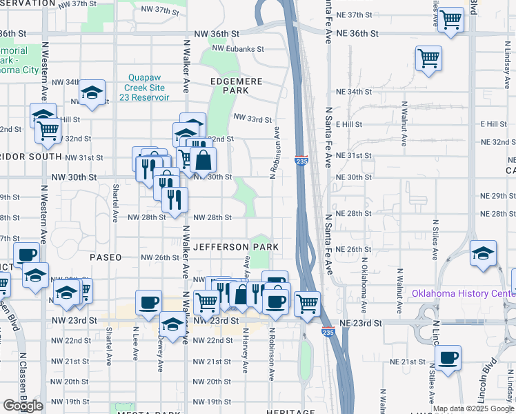 map of restaurants, bars, coffee shops, grocery stores, and more near 2912 North Harvey Parkway in Oklahoma City