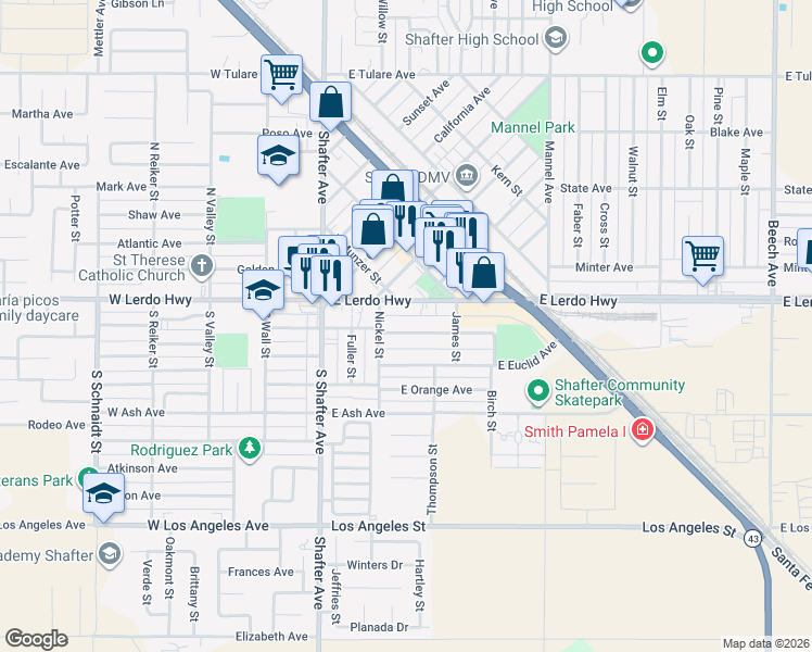 map of restaurants, bars, coffee shops, grocery stores, and more near 218 East Marengo Avenue in Shafter