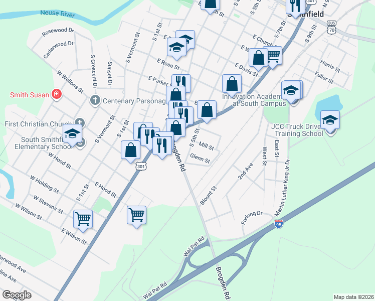map of restaurants, bars, coffee shops, grocery stores, and more near 832 South 5th Street in Smithfield
