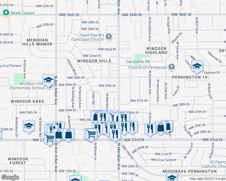 map of restaurants, bars, coffee shops, grocery stores, and more near 4509 Northwest 28th Street in Oklahoma City
