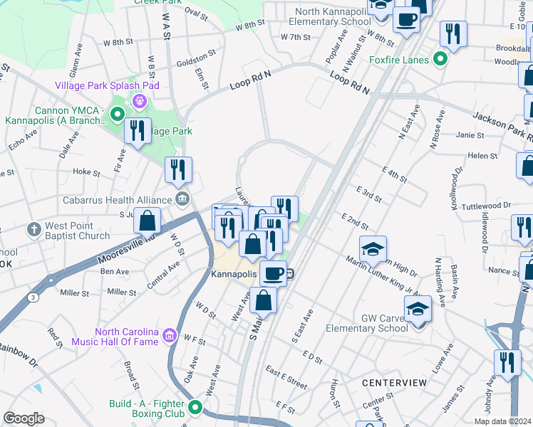 map of restaurants, bars, coffee shops, grocery stores, and more near Laureate Way in Kannapolis
