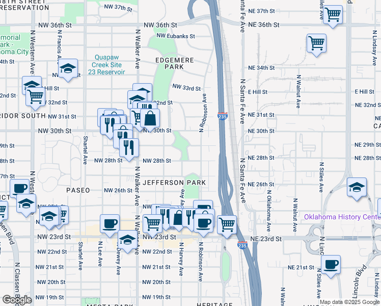 map of restaurants, bars, coffee shops, grocery stores, and more near 2912 North Harvey Parkway in Oklahoma City