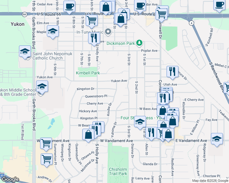 map of restaurants, bars, coffee shops, grocery stores, and more near 800 Kouba Drive in Yukon