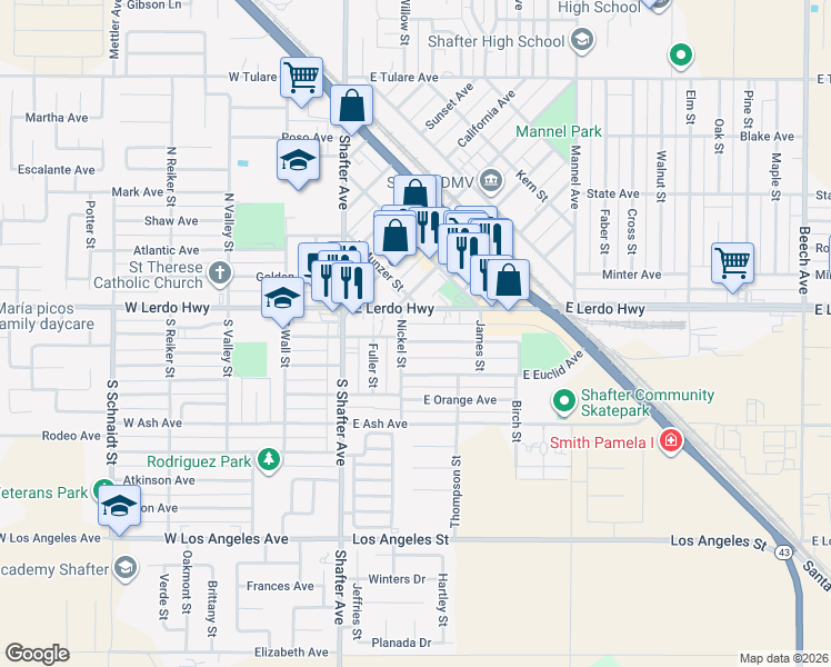 map of restaurants, bars, coffee shops, grocery stores, and more near 218 East Marengo Avenue in Shafter