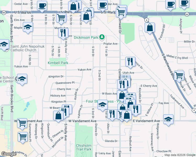 map of restaurants, bars, coffee shops, grocery stores, and more near 818 South 2nd Street in Yukon