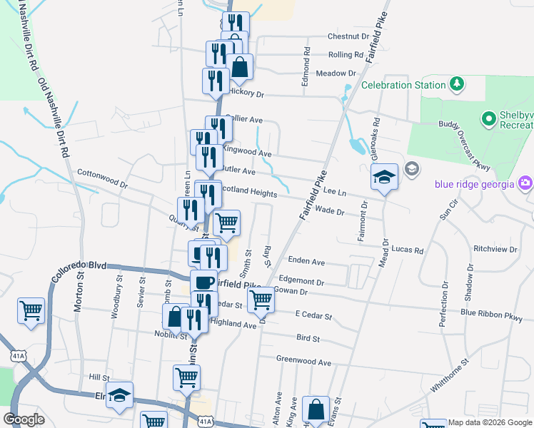 map of restaurants, bars, coffee shops, grocery stores, and more near 207 Ray Street in Shelbyville