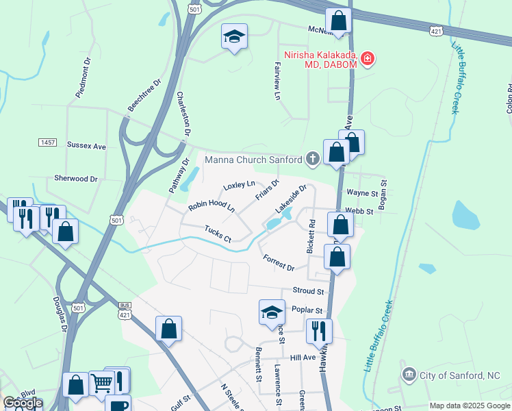 map of restaurants, bars, coffee shops, grocery stores, and more near 153 Friars Drive in Sanford
