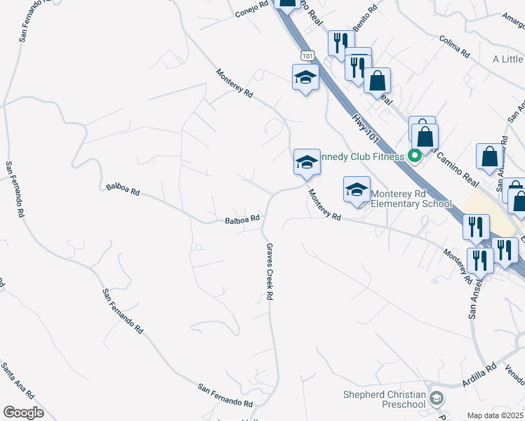 map of restaurants, bars, coffee shops, grocery stores, and more near 6900 Graves Creek Road in Atascadero