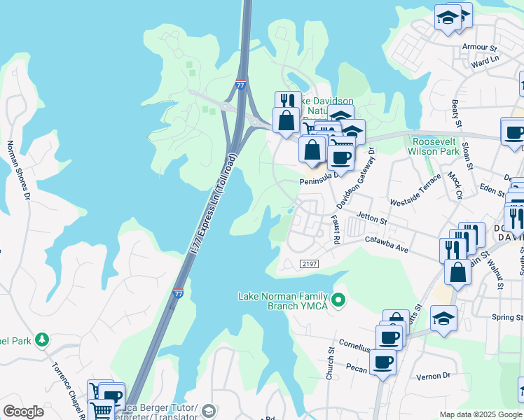 map of restaurants, bars, coffee shops, grocery stores, and more near 795 Peninsula Drive in Davidson