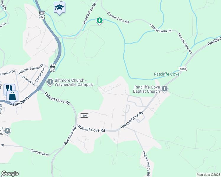 map of restaurants, bars, coffee shops, grocery stores, and more near 334 Chambers Road in Waynesville