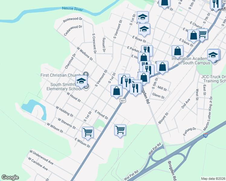 map of restaurants, bars, coffee shops, grocery stores, and more near 912 South 2nd Street in Smithfield