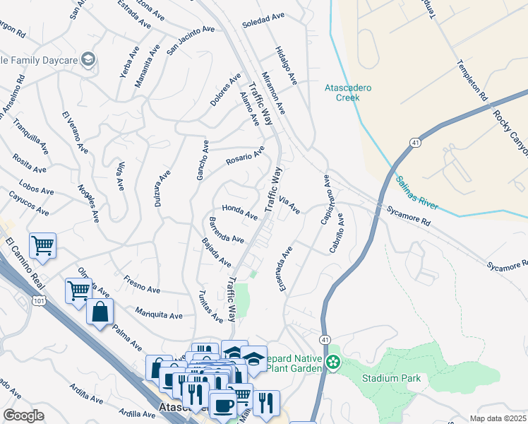 map of restaurants, bars, coffee shops, grocery stores, and more near 5296 Traffic Way in Atascadero