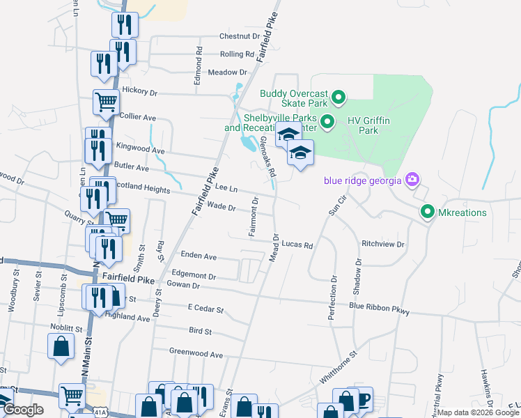 map of restaurants, bars, coffee shops, grocery stores, and more near 1000 Fairmont Drive in Shelbyville