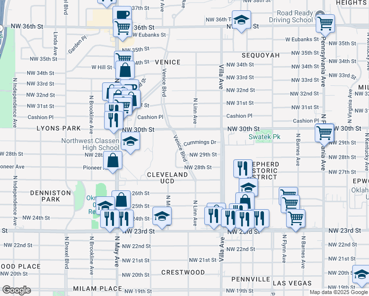 map of restaurants, bars, coffee shops, grocery stores, and more near 2620 Cummings Drive in Oklahoma City