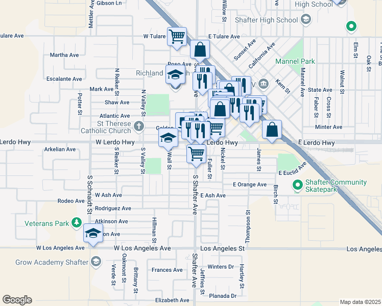 map of restaurants, bars, coffee shops, grocery stores, and more near 127 South Shafter Avenue in Shafter