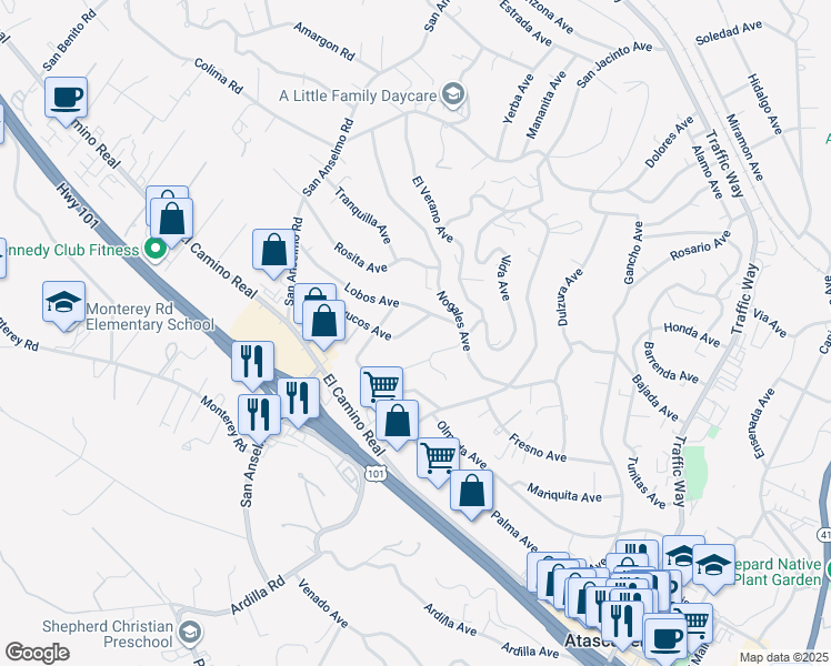 map of restaurants, bars, coffee shops, grocery stores, and more near 4520 Cayucos Avenue in Atascadero
