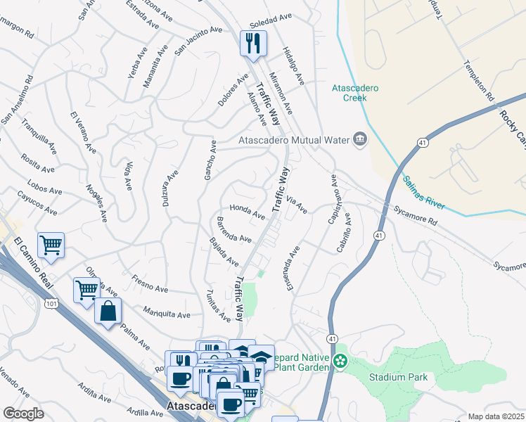 map of restaurants, bars, coffee shops, grocery stores, and more near 5296 Traffic Way in Atascadero