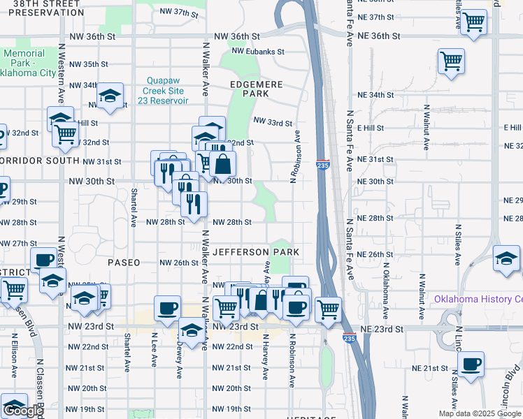 map of restaurants, bars, coffee shops, grocery stores, and more near 2914 North Hudson Avenue in Oklahoma City