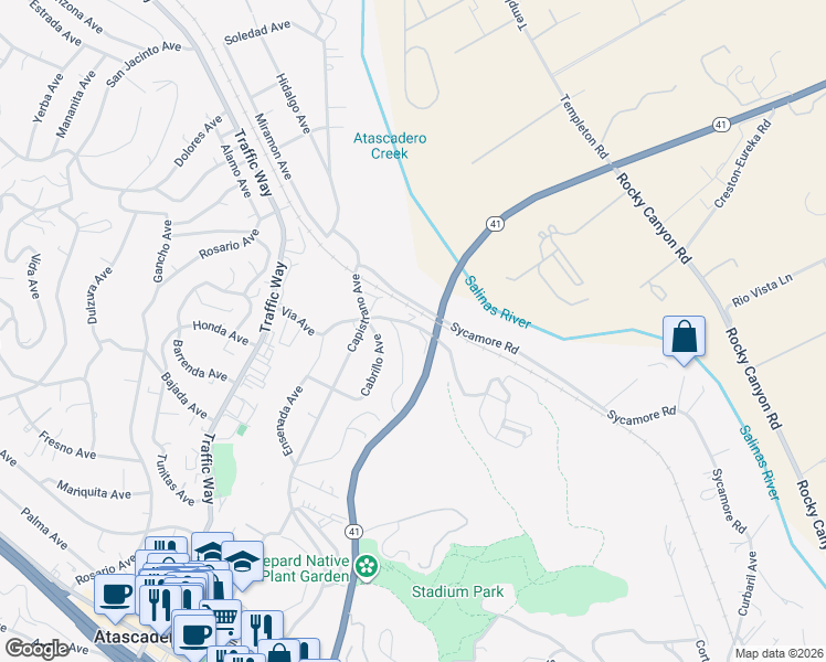 map of restaurants, bars, coffee shops, grocery stores, and more near 5171 Mercedes Avenue in Atascadero