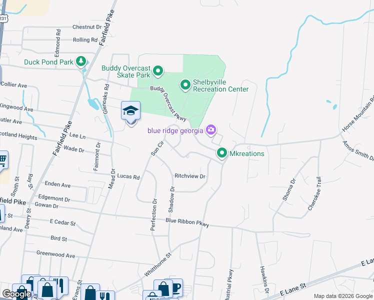 map of restaurants, bars, coffee shops, grocery stores, and more near 205 Shapard Drive in Shelbyville