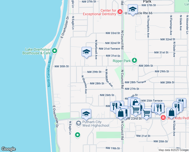 map of restaurants, bars, coffee shops, grocery stores, and more near 8201 Northwest 28th Terrace in Bethany