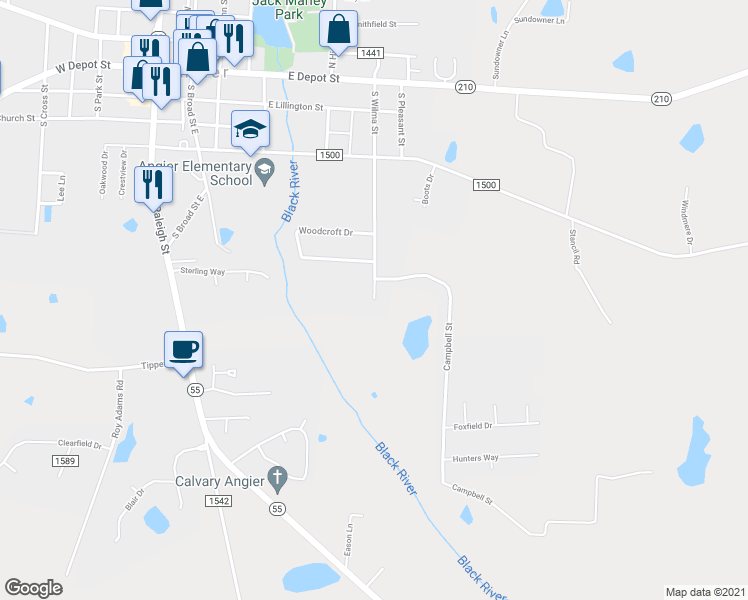 map of restaurants, bars, coffee shops, grocery stores, and more near 649 South Wilma Street in Angier