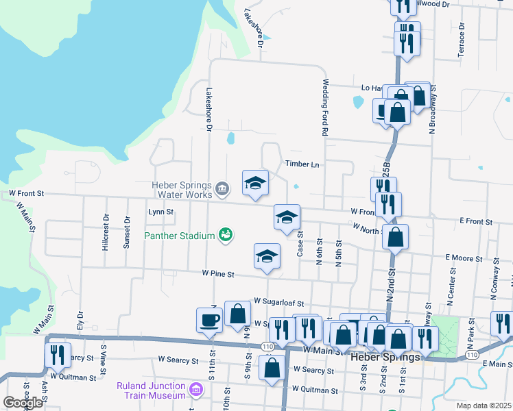 map of restaurants, bars, coffee shops, grocery stores, and more near 1100 West Pine Street in Heber Springs