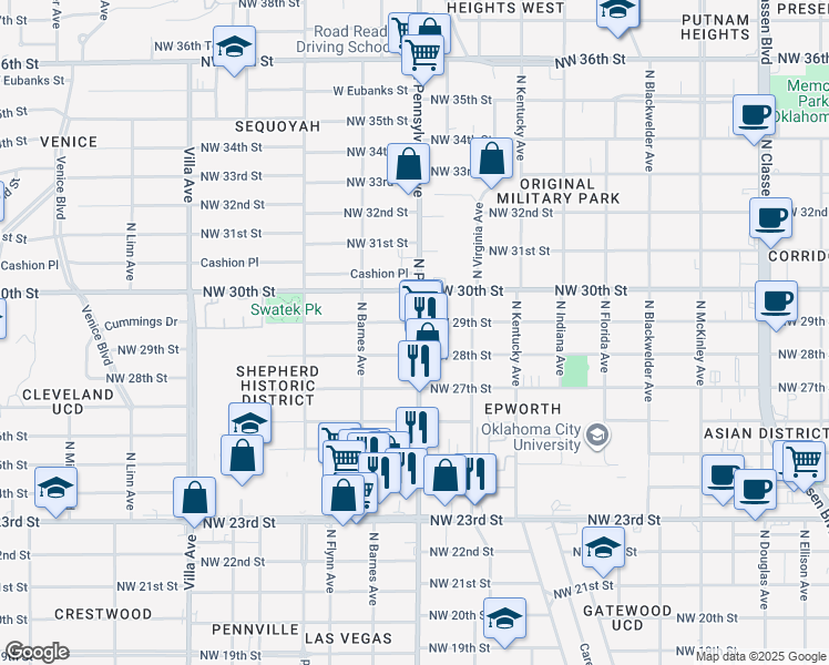 map of restaurants, bars, coffee shops, grocery stores, and more near 2100 Northwest 29th Street in Oklahoma City