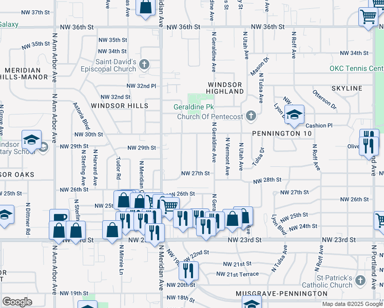 map of restaurants, bars, coffee shops, grocery stores, and more near 2900 North Warren Avenue in Oklahoma City