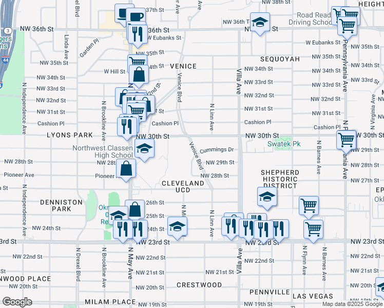 map of restaurants, bars, coffee shops, grocery stores, and more near 2620 Cummings Drive in Oklahoma City