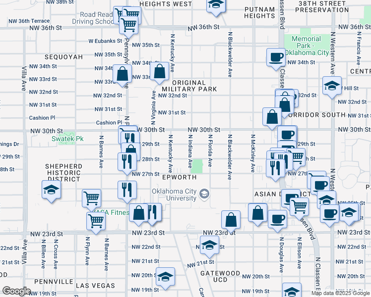 map of restaurants, bars, coffee shops, grocery stores, and more near 1732 Northwest 29th Street in Oklahoma City