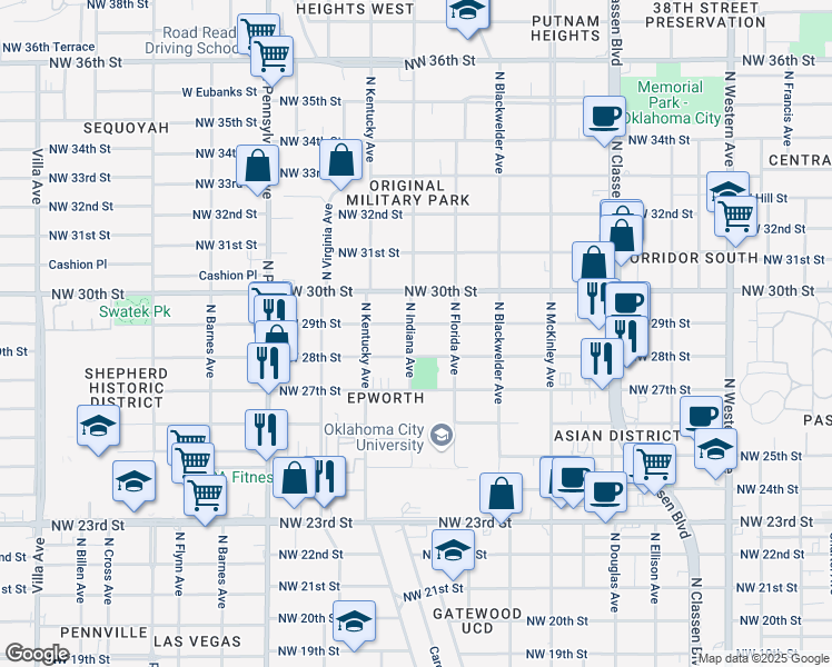 map of restaurants, bars, coffee shops, grocery stores, and more near 1732 Northwest 29th Street in Oklahoma City