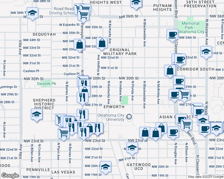 map of restaurants, bars, coffee shops, grocery stores, and more near 1826 Northwest 29th Street in Oklahoma City