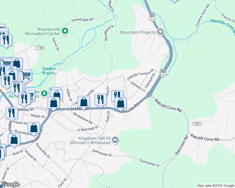 map of restaurants, bars, coffee shops, grocery stores, and more near 112 Felmet Street in Waynesville