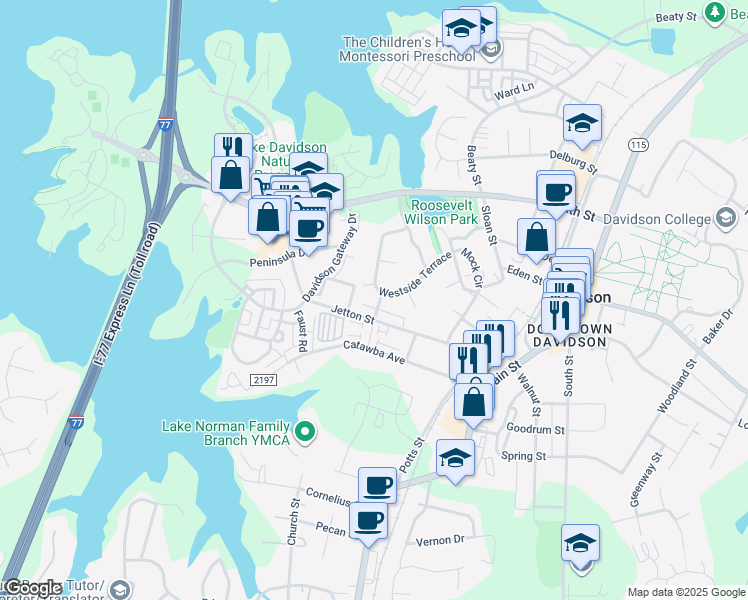 map of restaurants, bars, coffee shops, grocery stores, and more near 187 Park View Street in Davidson