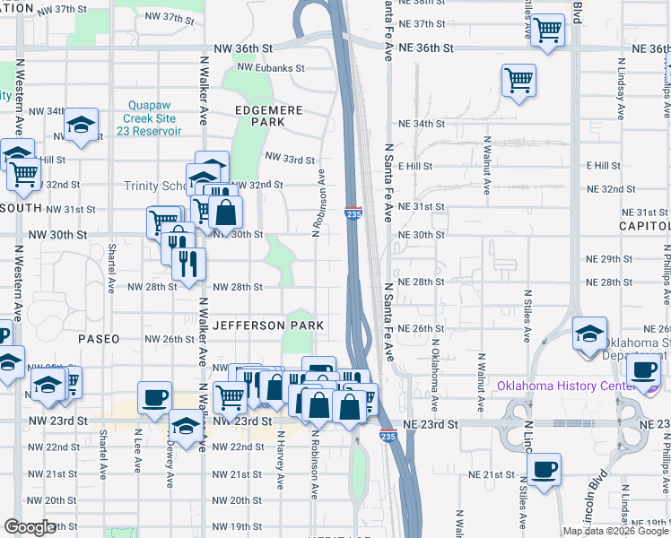 map of restaurants, bars, coffee shops, grocery stores, and more near 124 Northwest 29th Street in Oklahoma City