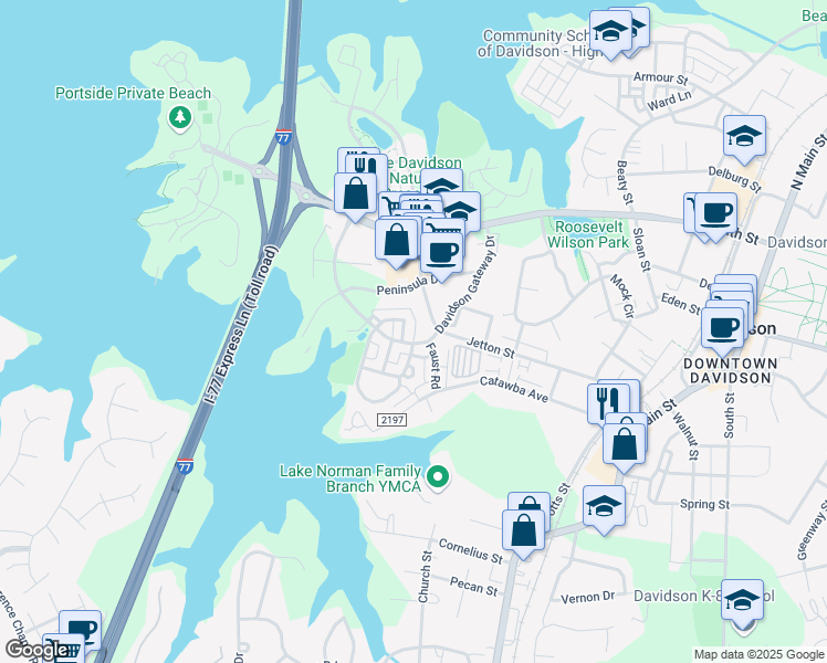 map of restaurants, bars, coffee shops, grocery stores, and more near 622 Old Meeting Way in Davidson