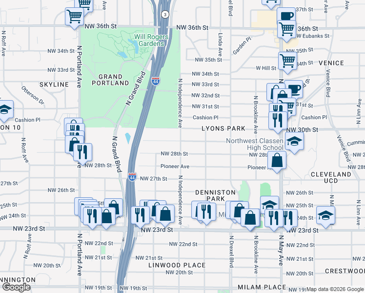map of restaurants, bars, coffee shops, grocery stores, and more near 3309 Northwest 28th Street in Oklahoma City