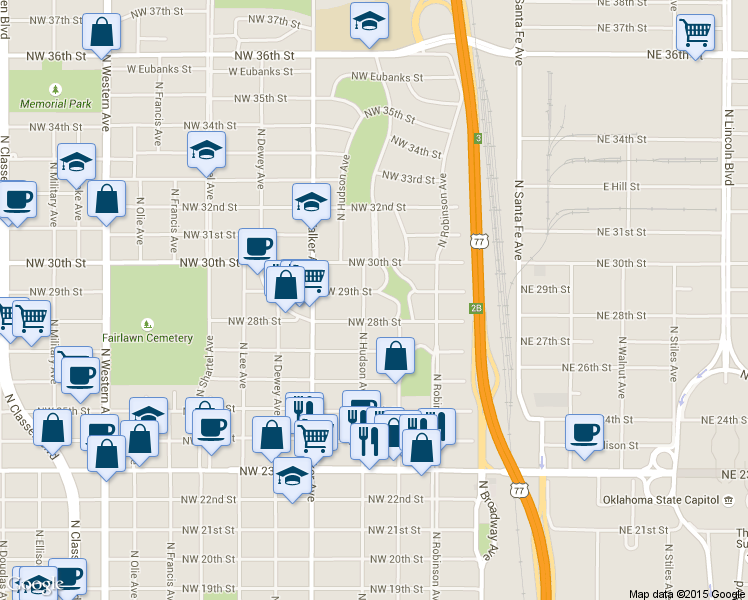 map of restaurants, bars, coffee shops, grocery stores, and more near 2914 North Hudson Avenue in Oklahoma City